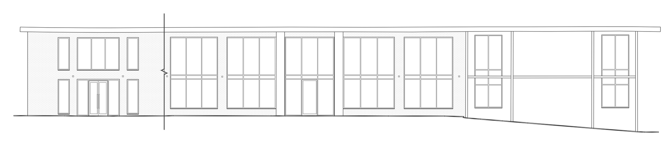 Rickett Architects proposed street elevation of the cafe and library building at the Oxford Business College campus, Nottingham: a long two storey elevation drawn in delicate varying line weights, extensive glazing at ground floor, a regular rhythm of windows above, faint brick coursing and a ground line stepping down the slope