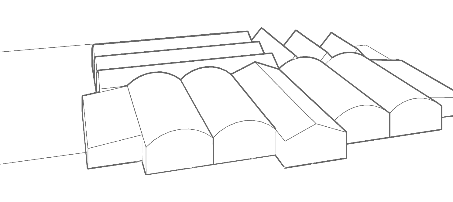 Indicative massing study of the consented replacement garden centre at Oakdale Roses: a single large commercial building drawn in line as a run of parallel barrel-vaulted roofs over a rectangular plan, sitting on a flat ground line