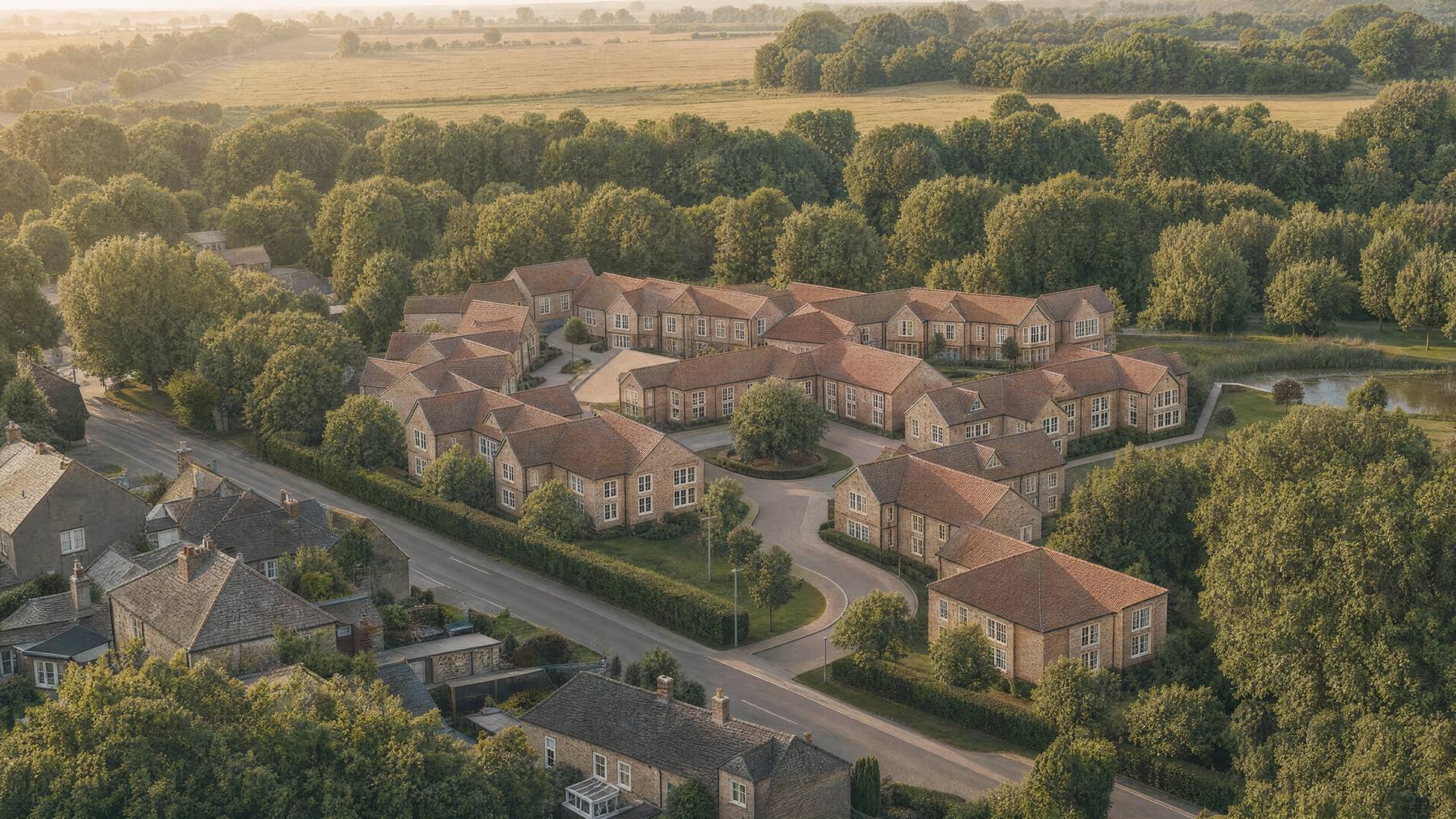 Visualisation of the proposed Oakdale Roses care village at Binley Woods, seen from the air in early morning light: two storey buildings in stone and brick under clay tile roofs, grouped around internal greens and a looped drive, with a clipped hedge along Rugby Road in the foreground, mature trees and a balancing pond to one side, and open Green Belt fields beyond