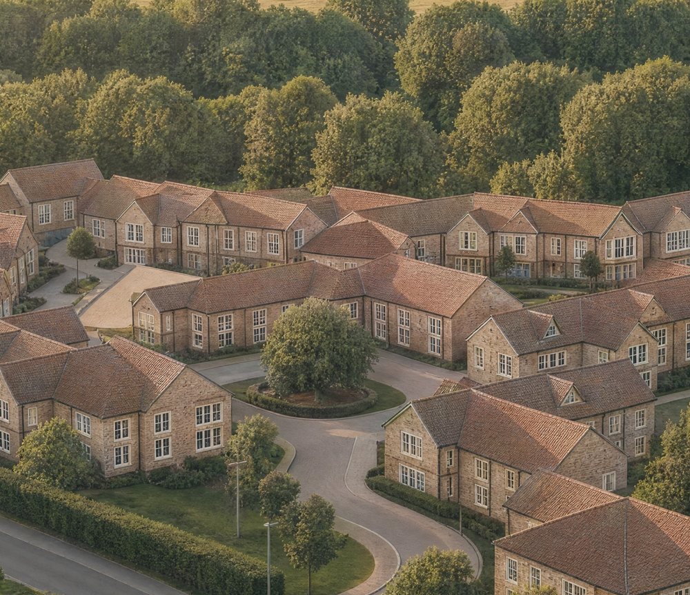 Visualisation of the proposed Oakdale Roses care village from above: two storey buildings in stone and brick under clay tile roofs, set in short terraces and pairs around internal greens, with a looped access road, a central tree and clipped hedges to the road