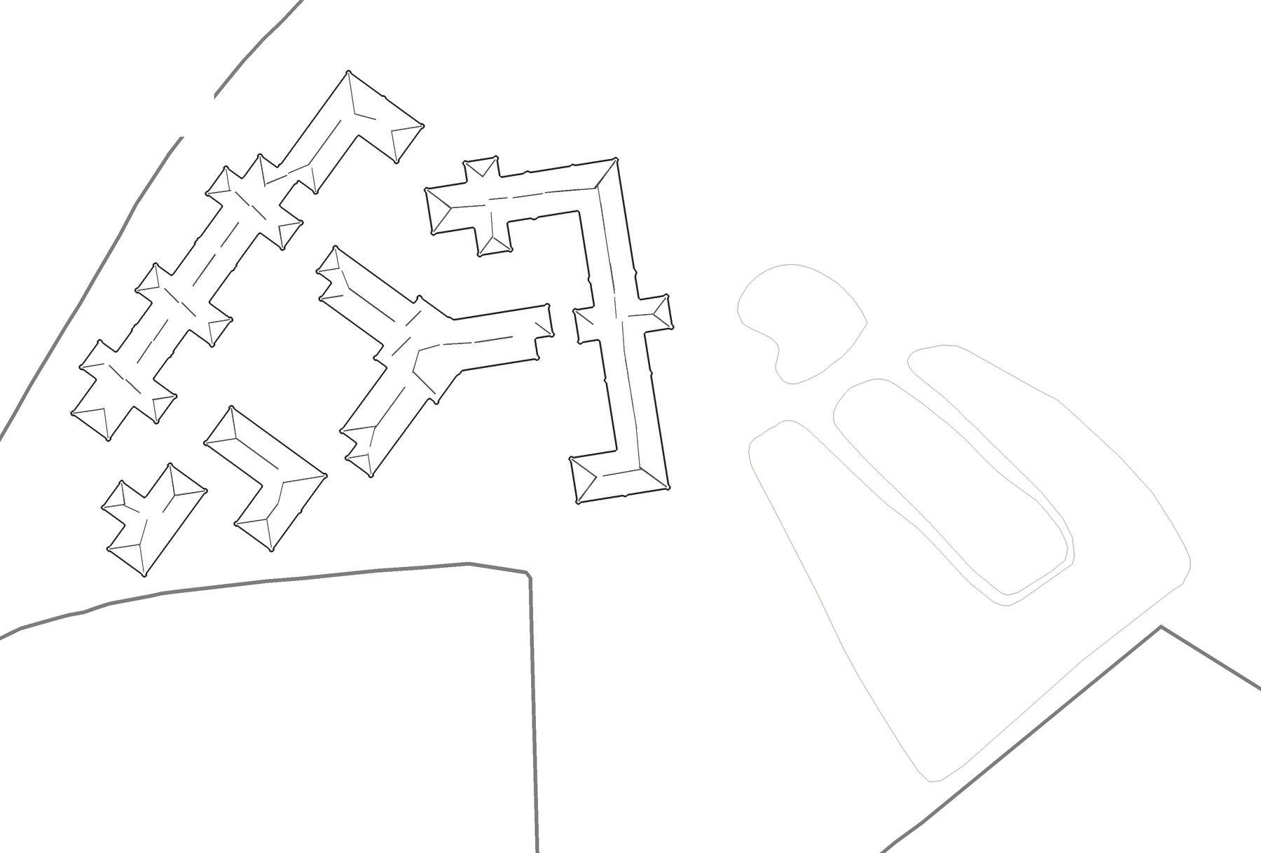 Rickett Architects illustrative masterplan for the Oakdale Roses care village, drawn as a roof plan: a compact cluster of two storey care buildings with hipped and gabled roofs grouped around a central cruciform core, on the agreed footprint in the north of the site, with the former irrigation reservoirs and the rest of the 25.7 acre Green Belt site left open