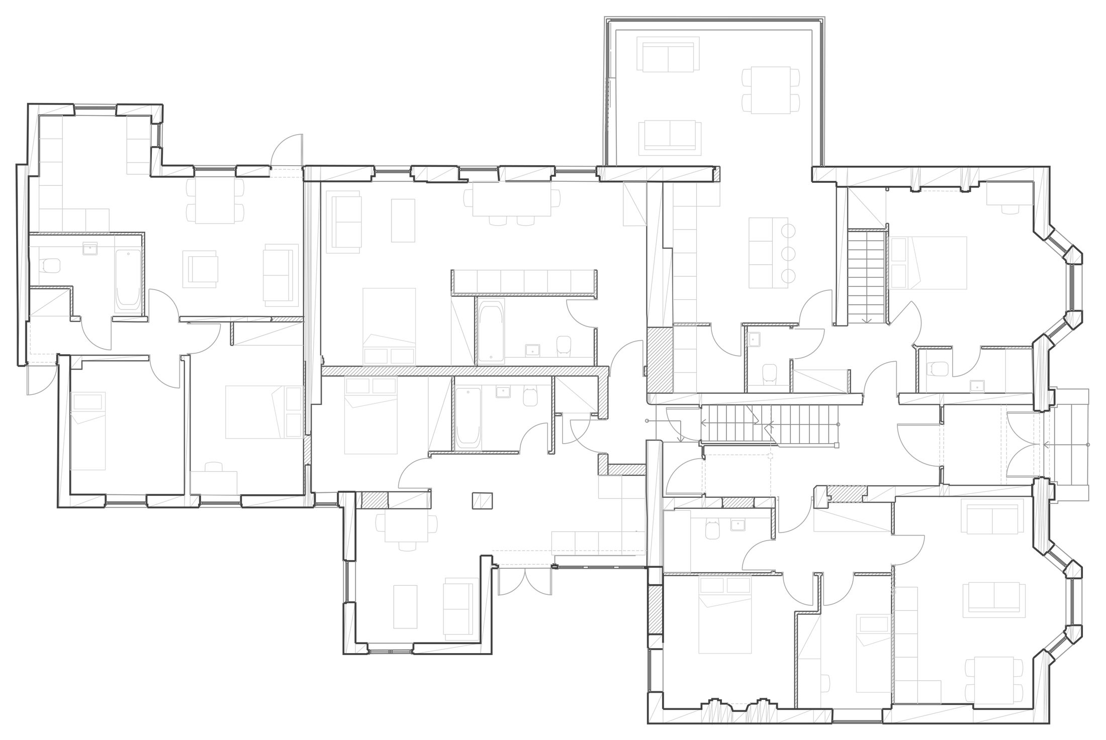 Rickett Architects approved ground floor plan for 59 Russell Terrace, Leamington Spa: five self-contained flats formed within the existing villa, ranging from a 38 square metre one-bed to a 94 square metre two-bed in the bay-windowed principal rooms, with the orangery taken into private apartment space