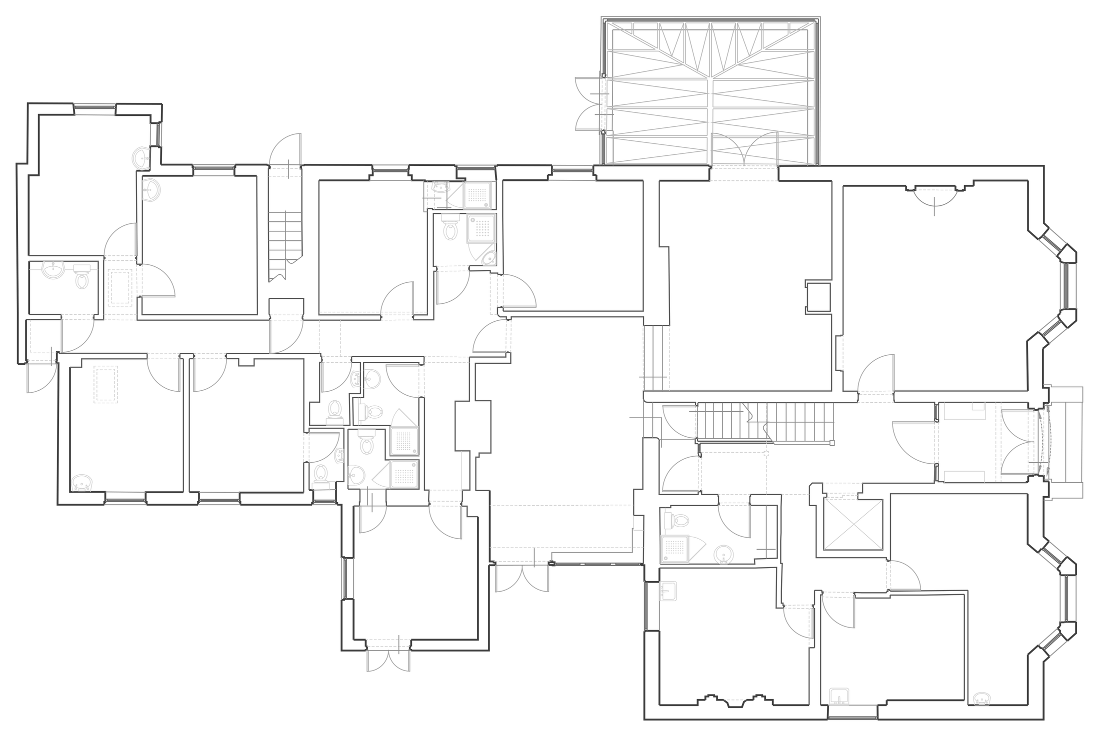 Rickett Architects measured survey drawing of the existing ground floor at 59 Russell Terrace, Leamington Spa: the Regency villa subdivided into 12 small letting rooms with inserted bathrooms, a service lift and corridors running between them