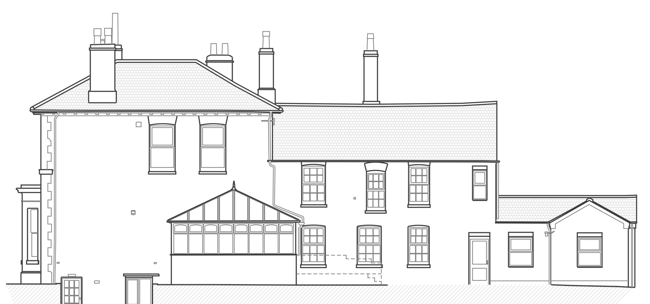 Rickett Architects approved side elevation of 59 Russell Terrace, Leamington Spa: the stuccoed villa with its hipped slate roof and chimney stacks, a pitched glazed orangery against the flank wall, and the first-floor and ground-floor windows where the alterations occur