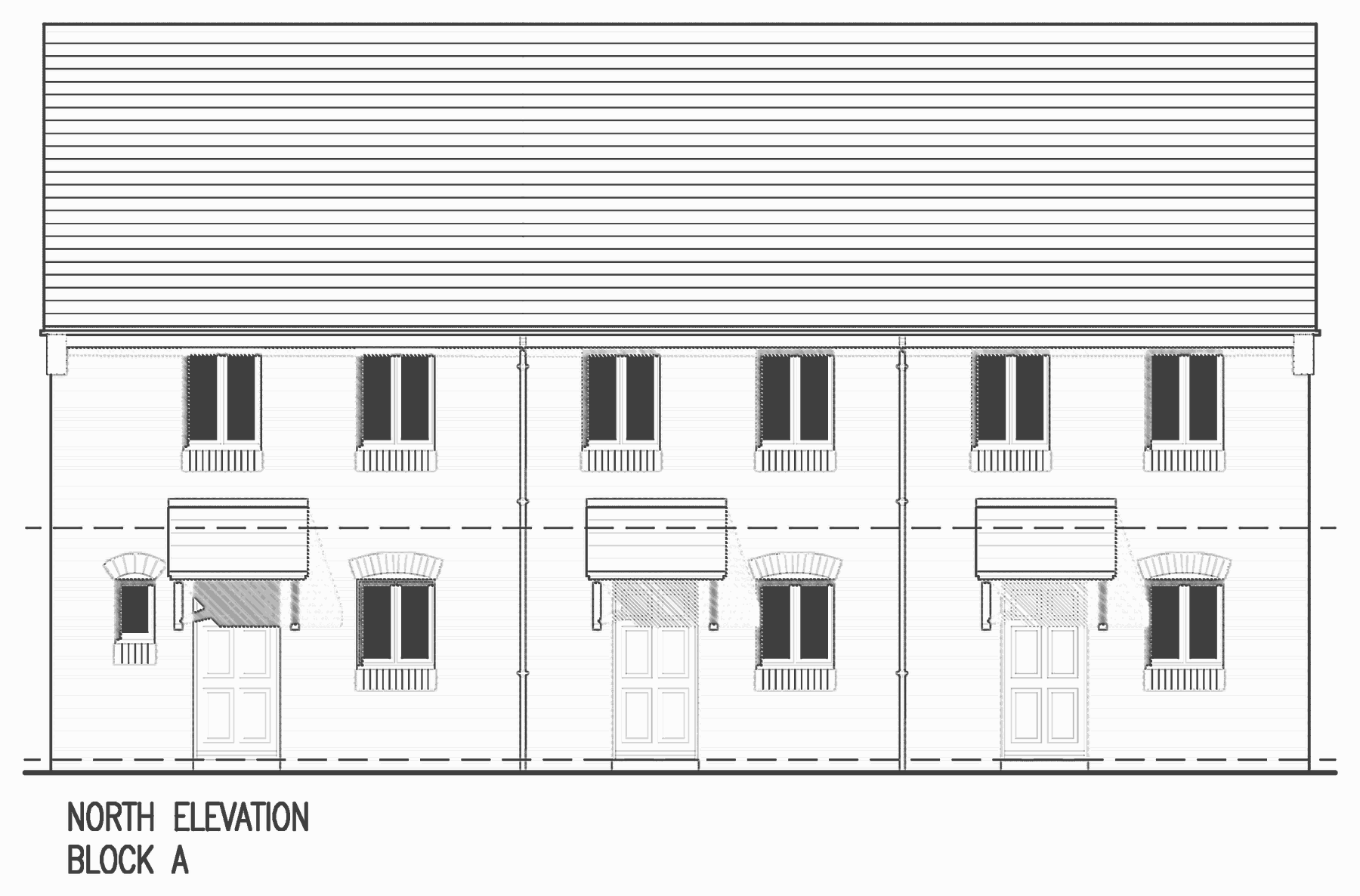 Rickett Architects front elevation of Block A at Laundry Lane, Leominster: a terrace of three brick houses with mono-pitch porch canopies over the front doors, soldier-course arched window heads, reconstituted-concrete cills and a pitched plain-tile roof