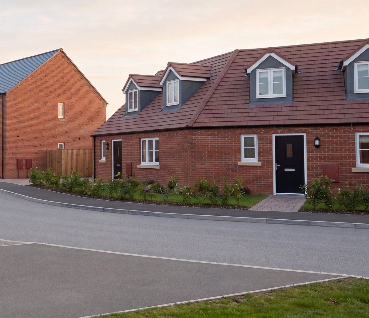 Visualisation of a consented house type at Laundry Lane, Leominster: a red-brick dormered pair with mono-pitch porch canopies, soldier-course window heads and a blue-grey tiled roof beside the adopted street