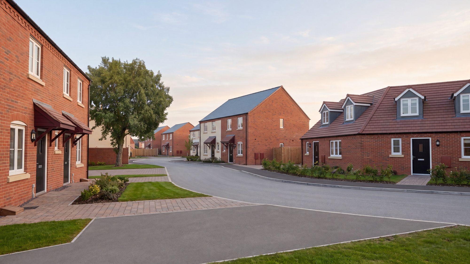Visualisation of the consented scheme at Laundry Lane, Leominster: red and red-brown brick houses with porch canopies and dormered rooflines along a single curving adopted street at first light, stepping between one-and-a-half and two-and-a-half storeys