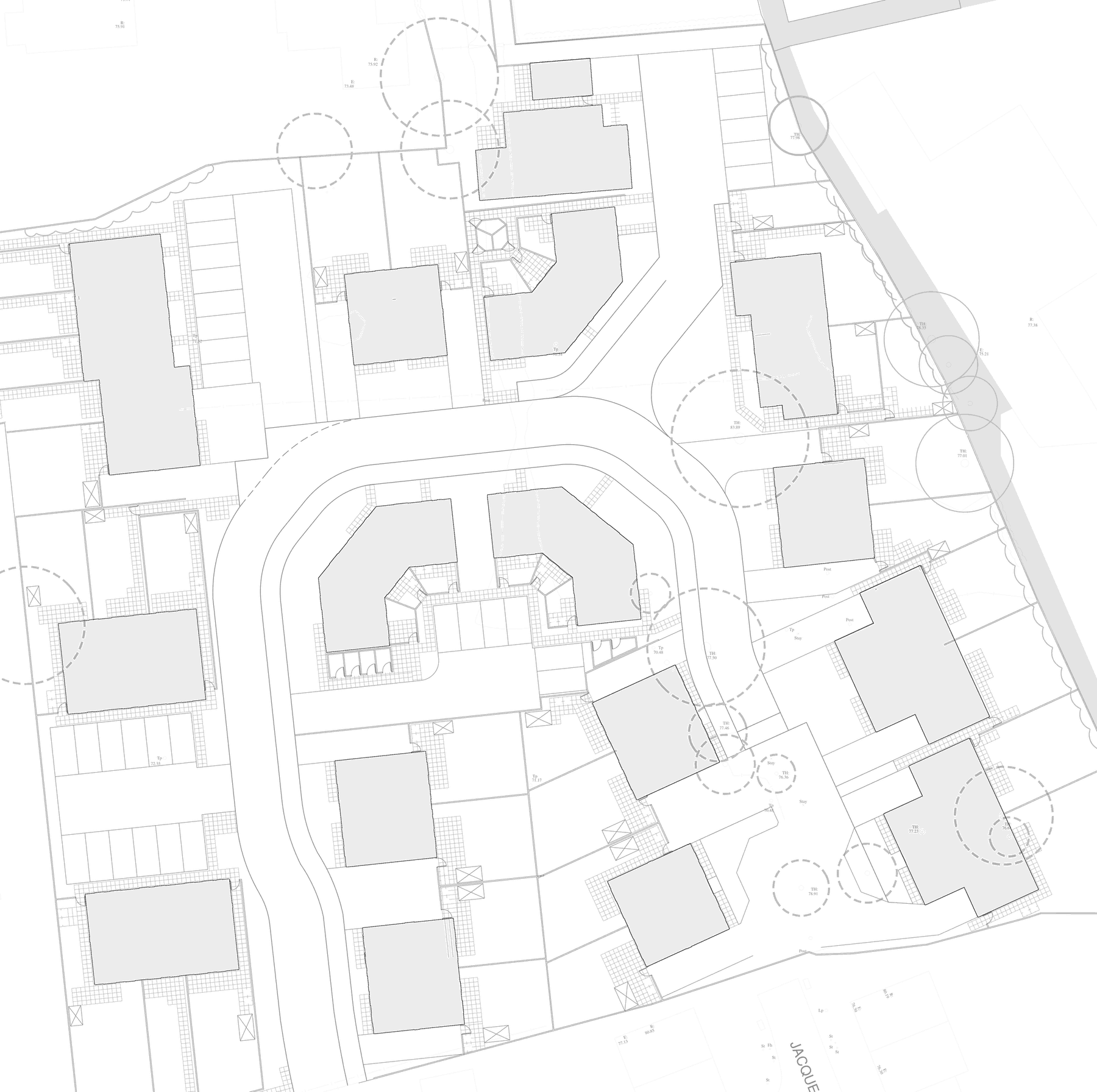 Rickett Architects consented site layout for 41 homes at Laundry Lane, Leominster: houses arranged around a single curving adopted street on the 0.95 hectare infill site, with parking drawn to the side and rear and tree planting along the boundaries