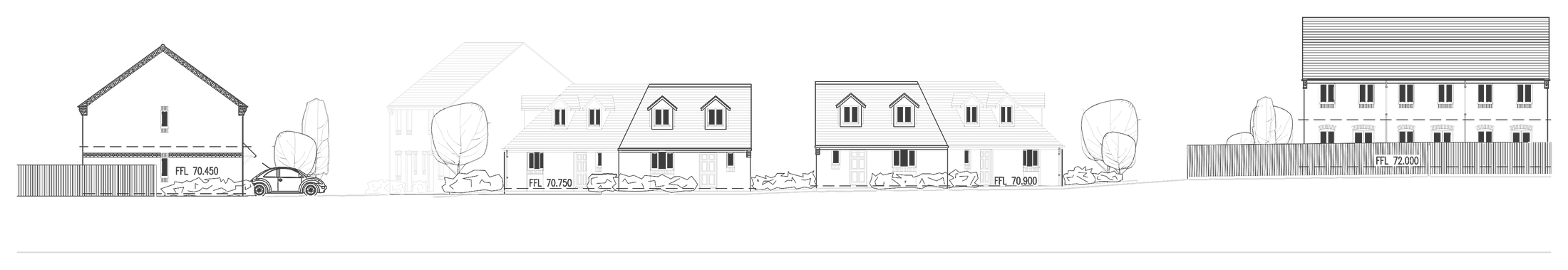 Rickett Architects proposed street elevation for Laundry Lane, Leominster: a gabled detached house, two dormered house types and a two-storey terrace block on one ground line, drawn in fine line with trees and boundary fences