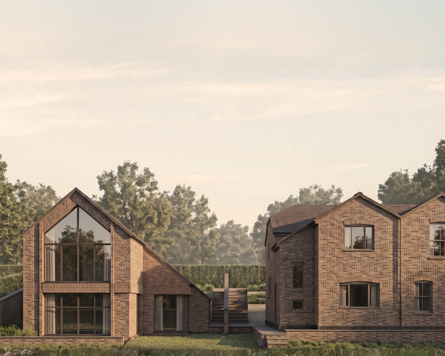 Visualisation of the consented house at The Woods, Napton-on-the-Hill, by Rickett Architects: a brick house with a full height glazed gable beside the existing brick cottage, seen from the road.