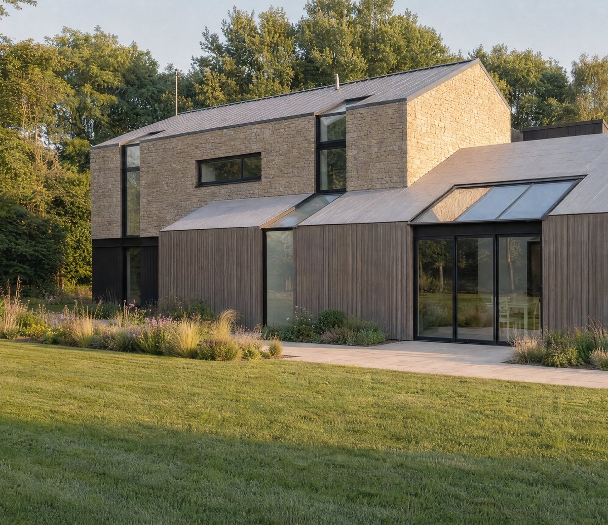 The completed stone gable of Hazell House: coursed natural buff stone with slim dark-framed windows, the glazed link at its side and planting in the foreground. Edited from a photograph of the finished house.