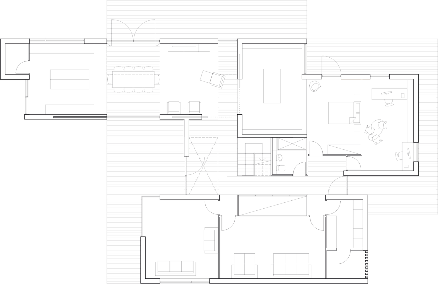 Ground floor plan of Hazell House: an open living and dining hub opening to the garden, with a library, study, sitting room and cinema room arranged along linked wings around the central hall and stair