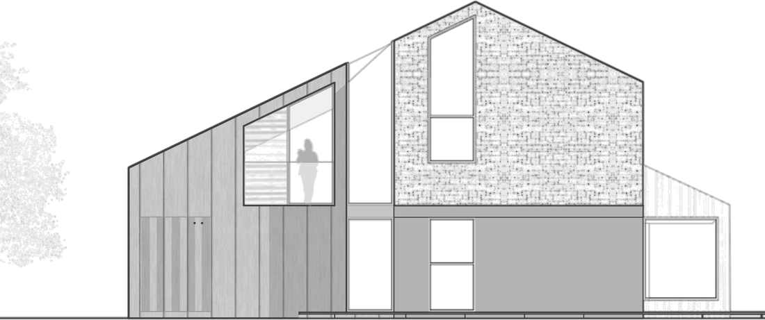 East elevation of Hazell House: a contemporary two-storey stone gable with tall slim windows beside a lower vertical-timber-clad wing under a standing-seam metal roof, drawn with tonal cladding and a figure for scale