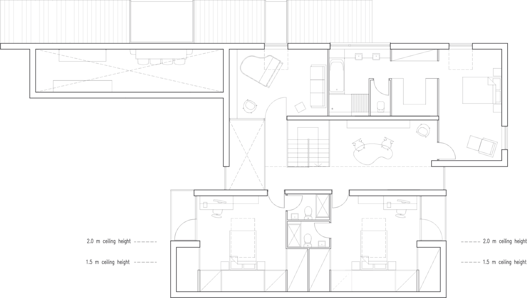 First floor plan of Hazell House: the master suite with dressing room and two further en-suite bedrooms set under the pitched roof, with the 2.0 metre and 1.5 metre lines marking where the ceilings slope