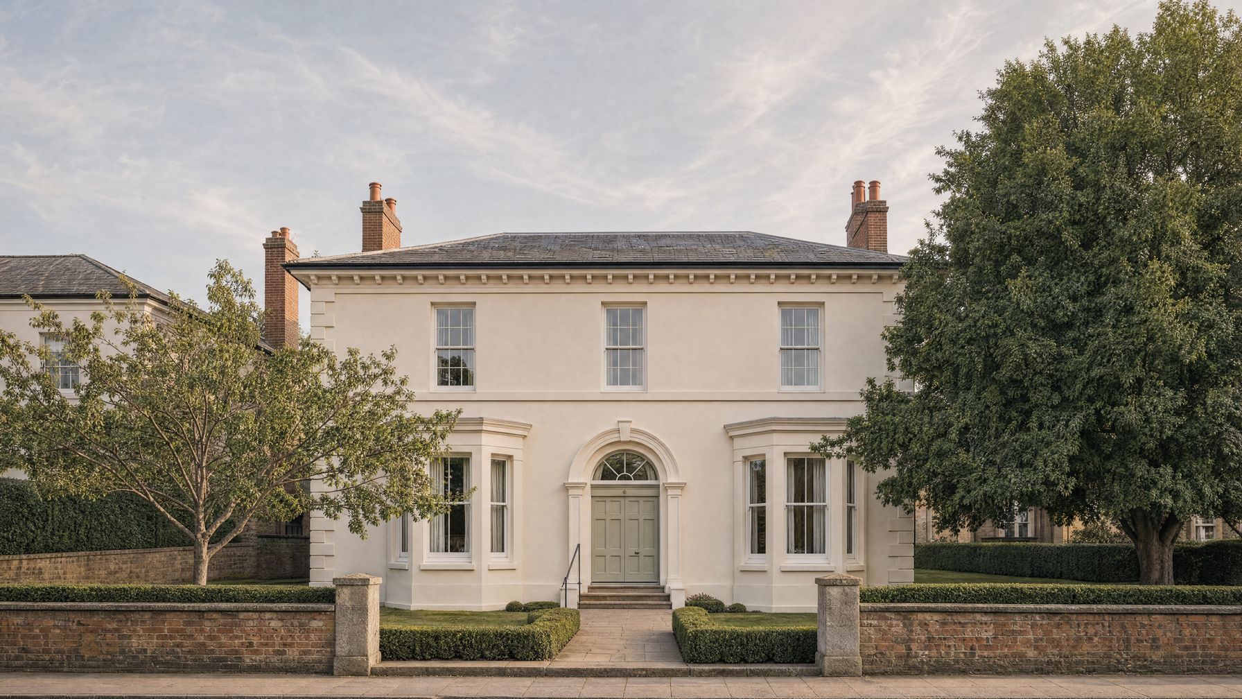 Visualisation of 59 Russell Terrace, Leamington Spa: a two-storey Regency stuccoed villa with a shallow hipped slate roof, four brick chimney stacks, a dentil eaves cornice, quoined corners, three first-floor sash windows, a central round-arched doorway with a radial fanlight, and a canted bay window either side, behind a mown lawn, clipped box hedging and a low red brick boundary wall