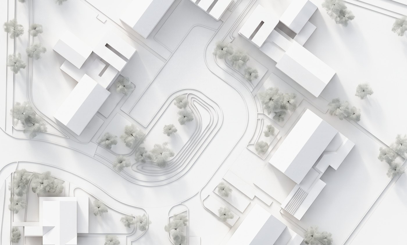 Massing model of the consented layout at Oakridge Lynch, seen from above: nine pale house volumes gathered around a single looped access road with a planted island, the affordable terrace to the south west, parking courts between the plots, trees along the Bisley Road boundary and the southern half of the site left as open ground
