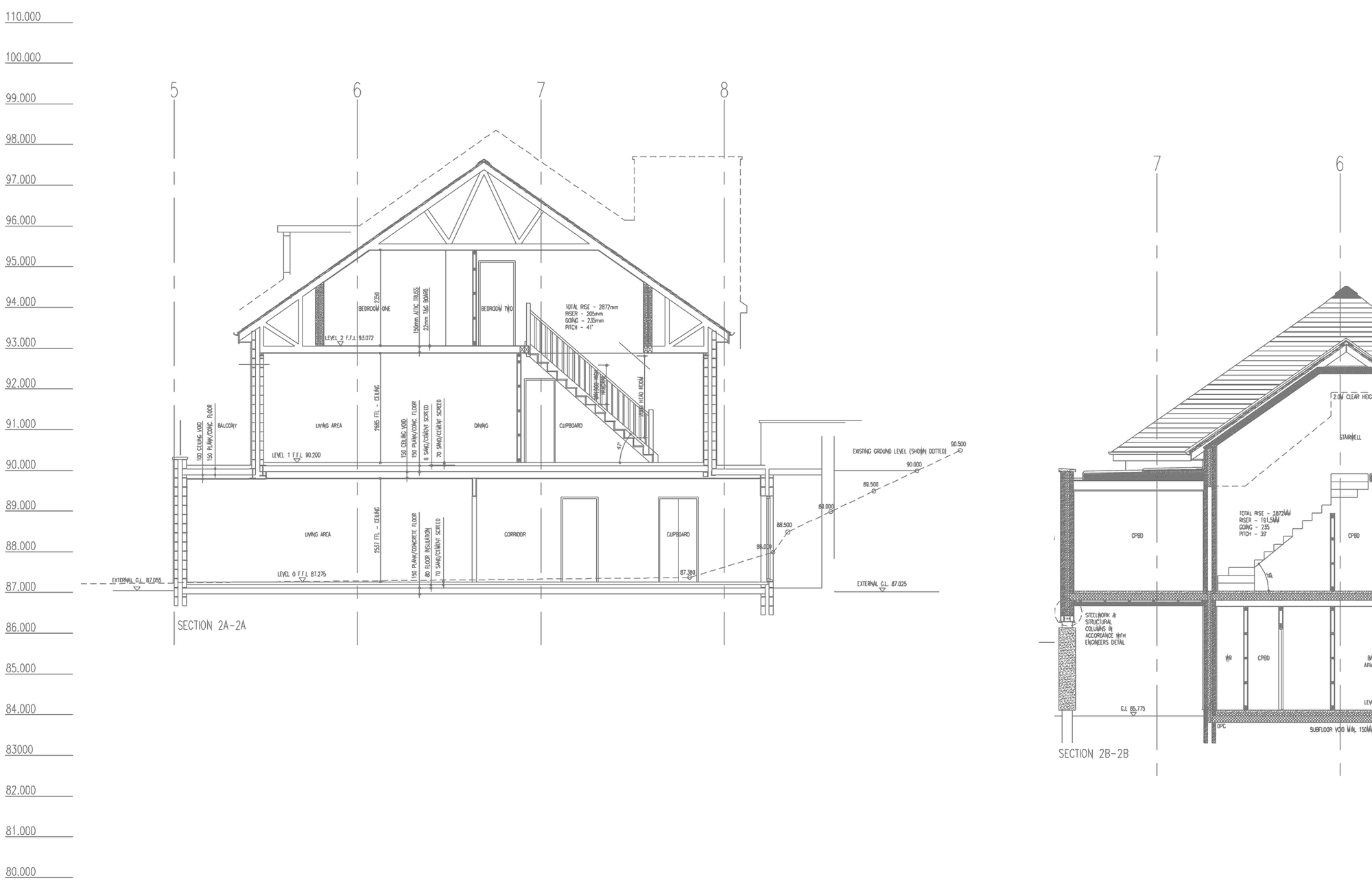 Rickett Architects cross-sections through the Gara Rock apartment block, drawing s-220A: three storeys stepping down the slope with the existing ground level shown dotted falling across the section, and a level datum scale at the left from 80 to 110 metres