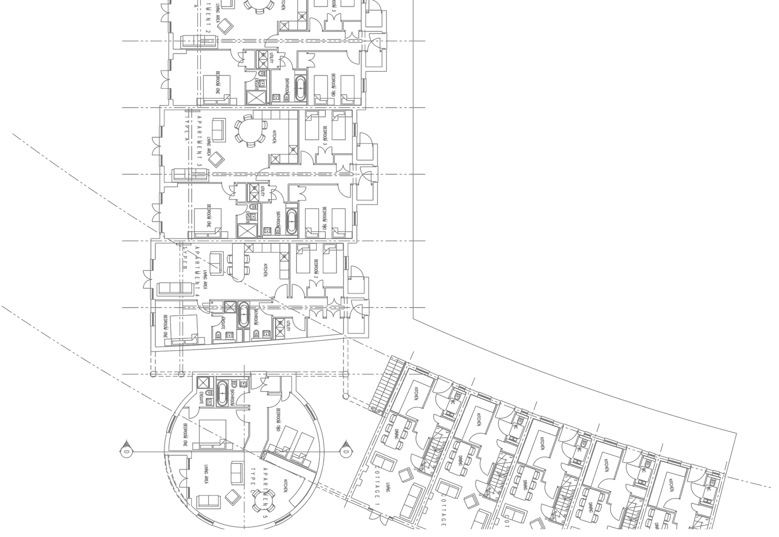Rickett Architects layout for the Gara Rock scheme: the lower run of the curved apartment block stepping down to a circular apartment at its foot, with the cottage row angled beside it on the falling cliff-top site