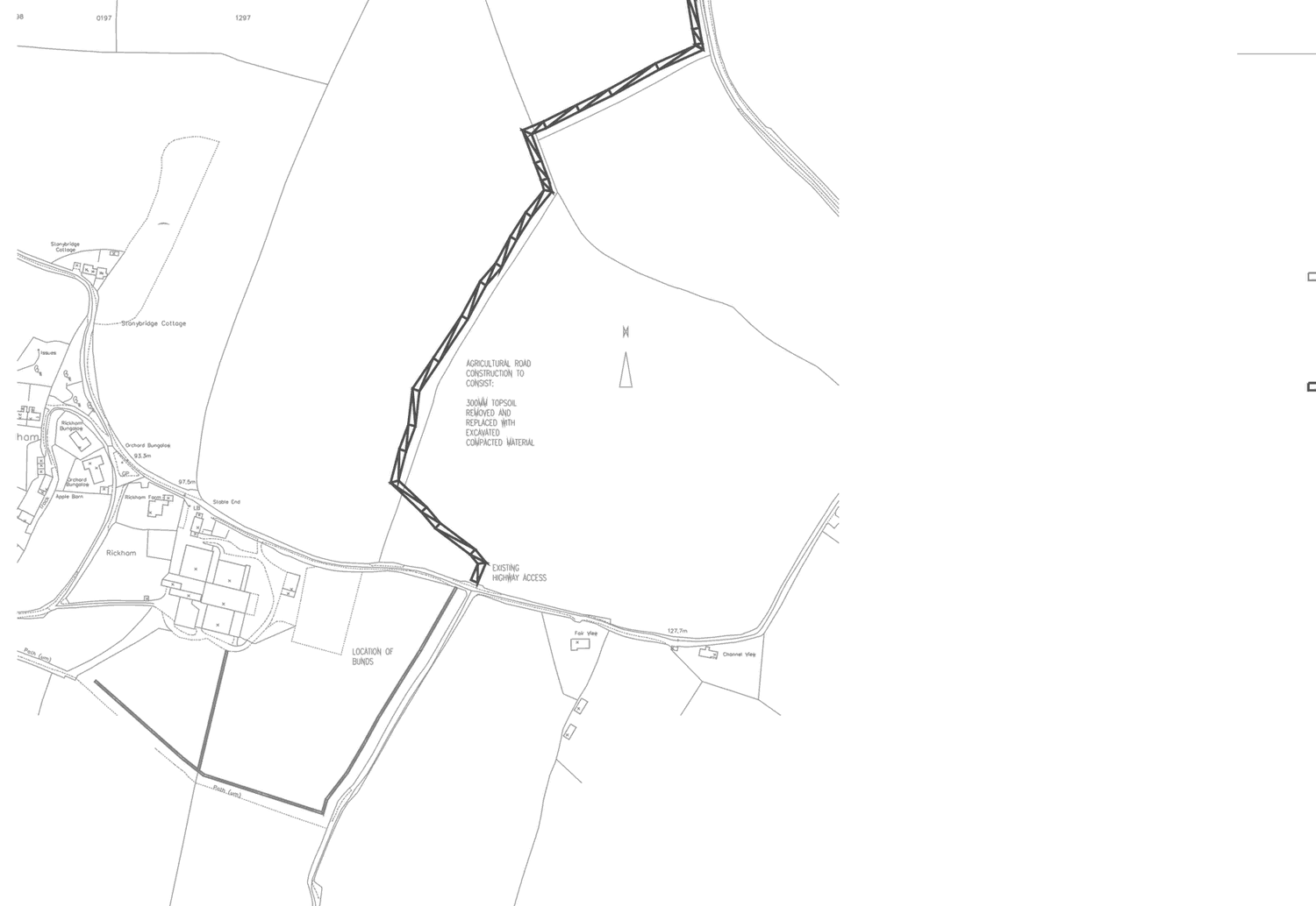 Rickett Architects location plan for the agricultural access road at Rickham Farm, drawing s-003: the road route in bold threading through neighbouring farmland to the existing highway access, with the location of the landscape bunds marked below