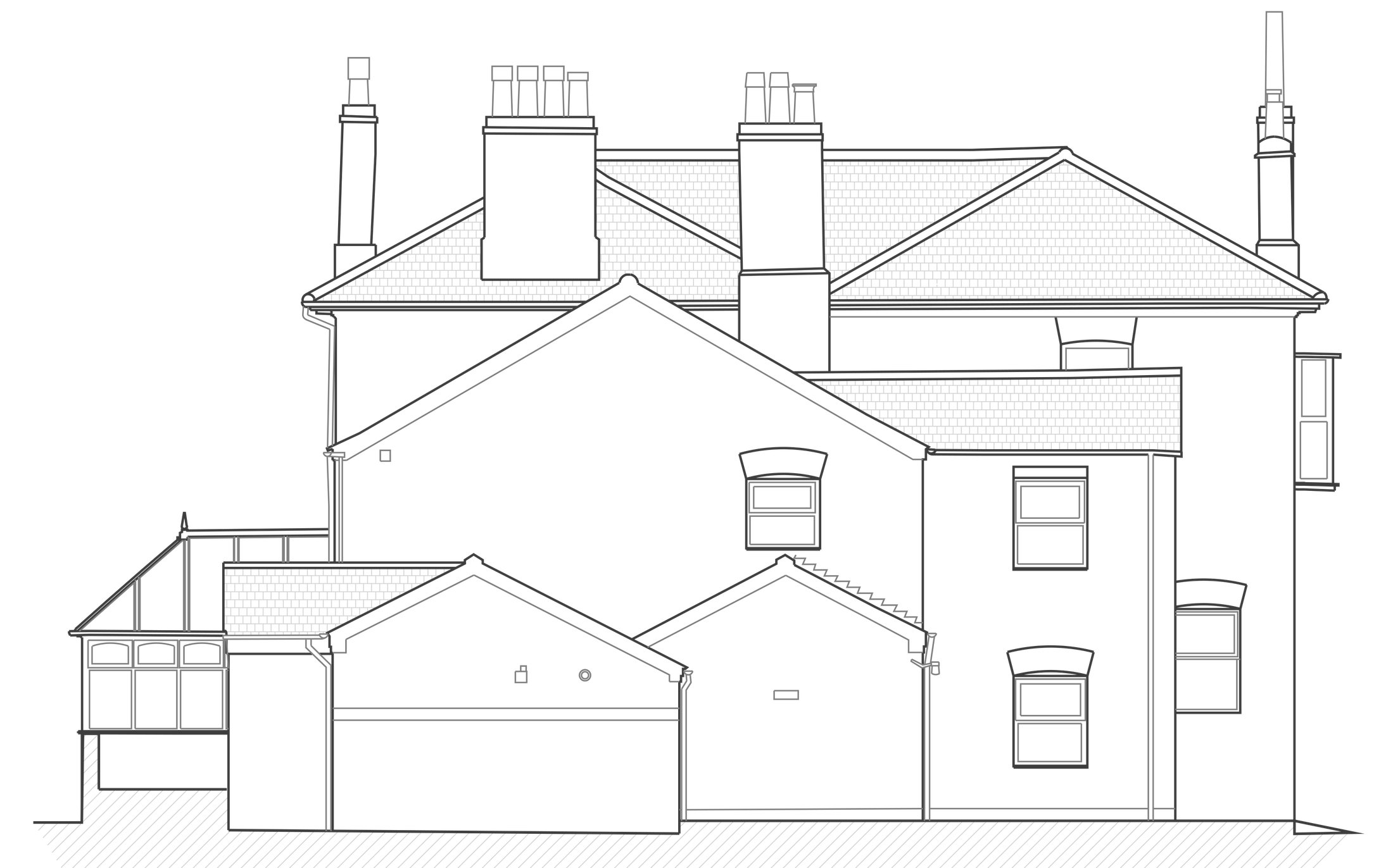 Rickett Architects approved rear elevation of 59 Russell Terrace, Leamington Spa: the back of the villa facing Gordon Street, with hipped and gabled roofs, tall chimney stacks, two gabled rear projections, a glazed lean-to at the left, and arched window heads