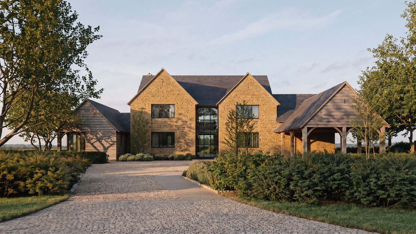 Hollow Meadow Farmhouse, Priors Hardwick: a home in coursed natural ironstone with paired front gables set down from the main ridge, a recessed central full-height glazed link, a single-storey timber-clad wing and an open-bay oak car port, seen from the gravel drive in early morning light