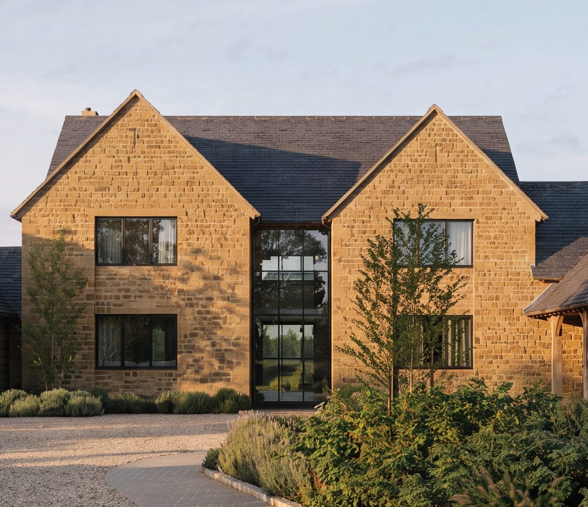 The paired stone gables of Hollow Meadow Farmhouse with the recessed full-height glazed link between them, in coursed natural ironstone under a slate roof. A visualisation of the consented scheme.