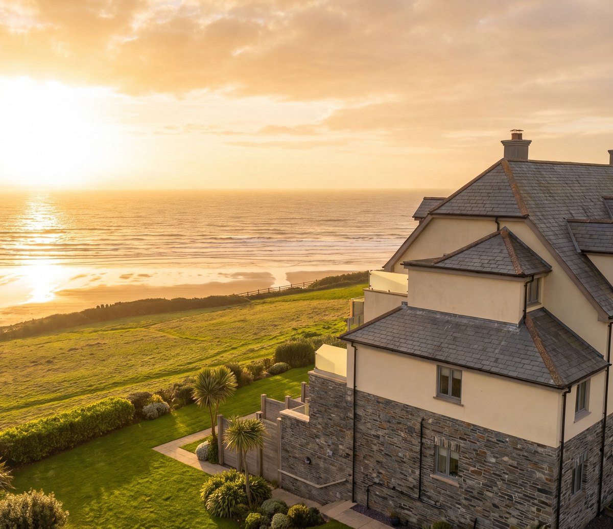 Contemporary visualisation of the completed Ocean Point apartments at golden hour: the cream-rendered, slate-gabled building with natural stone facing on its clifftop, the sun low over the sea and Saunton Sands