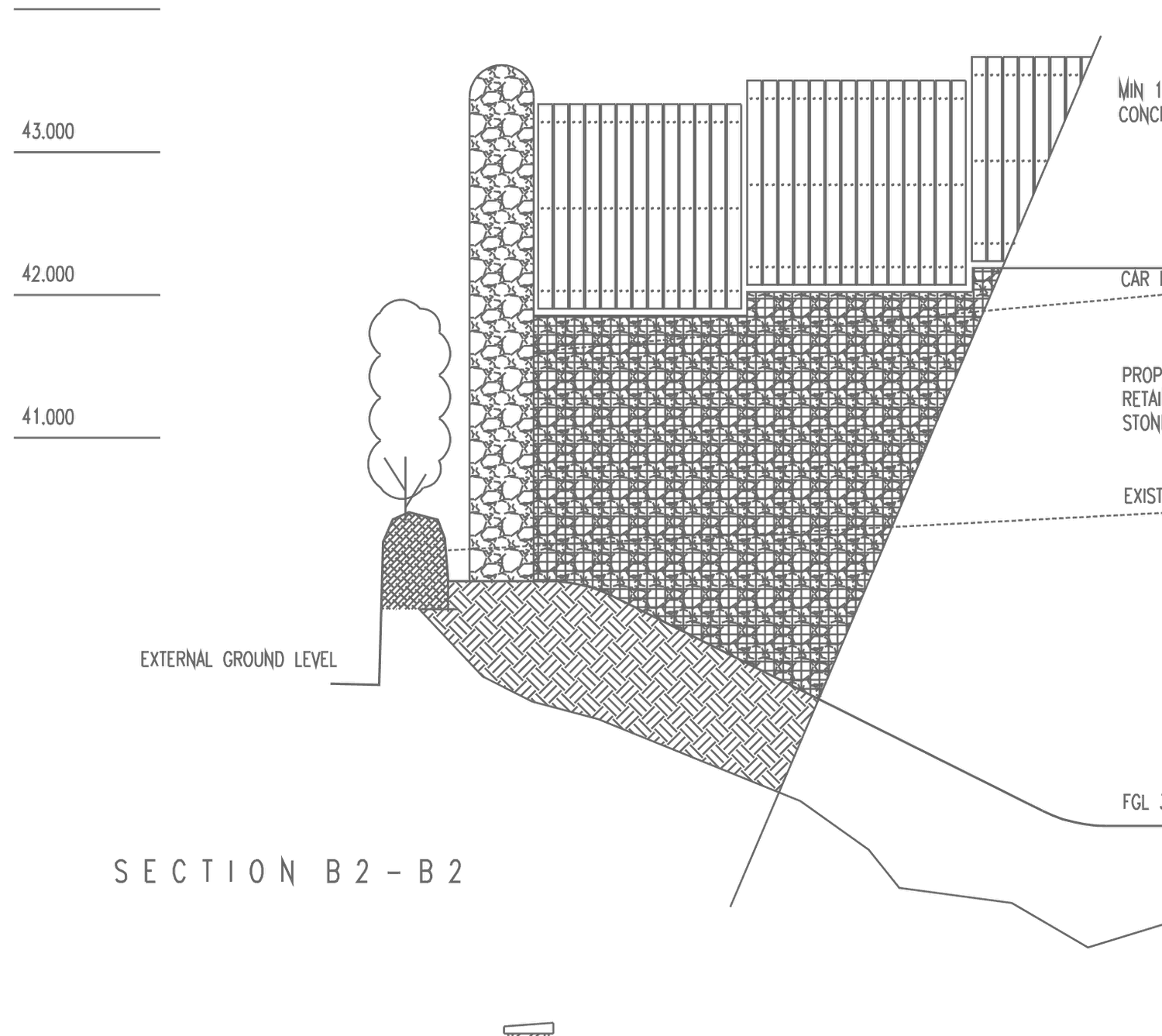 Rickett Architects boundary section for Ocean Point, drawing s-002 section B2-B2: a stone-faced retaining wall holding back the falling ground, the existing ground level shown cutting diagonally across, with the raised boundary wall above and level datums at the left