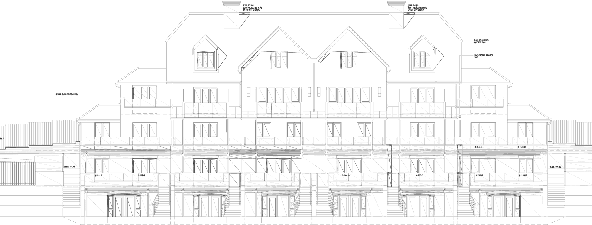 Rickett Architects seaward elevation for Ocean Point, drawing s-600: the coastal face of the building with stacked sea-facing balconies across regular bays, projecting gables and the simplified zinc canopy