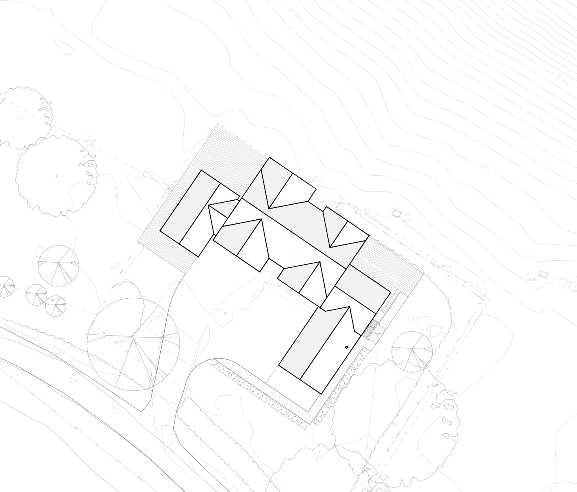 Rickett Architects site plan for Hollow Meadow Farmhouse: the house drawn as a roof plan within its residential curtilage at the southern end of the holding, reached by the existing access, with the retained trees, the gabion retaining line along the garden edge and the contours of the rising ground behind