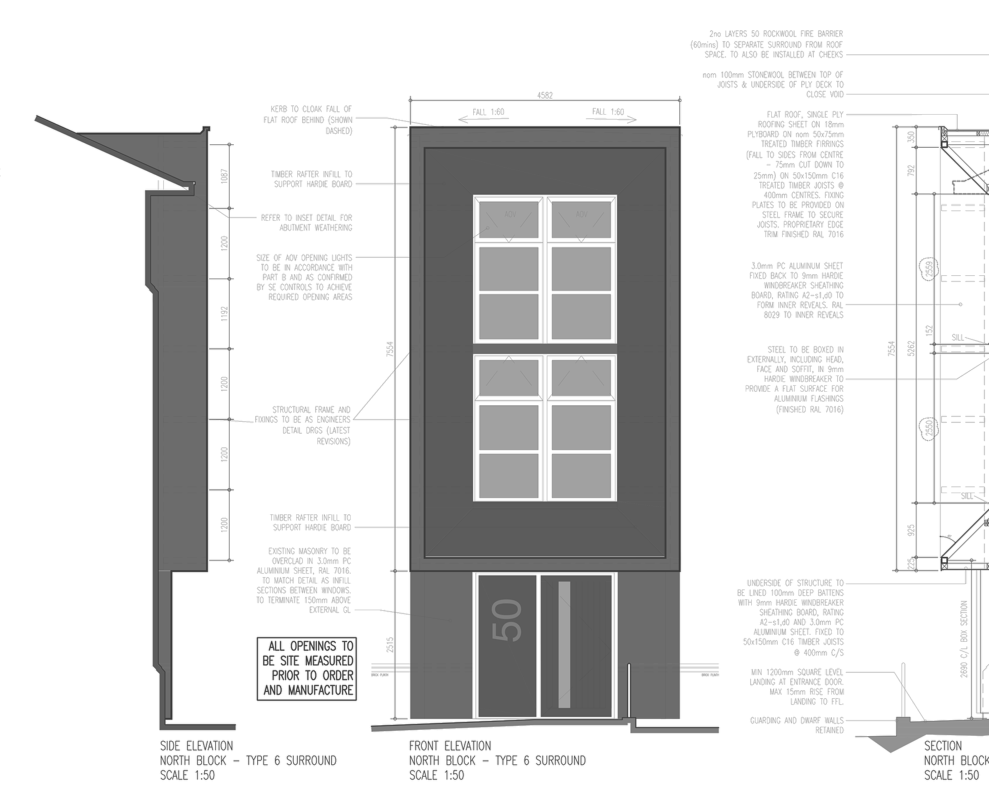 Rickett Architects construction detail of the North Block entrance feature at Sheldon Court, Birmingham: side elevation, front elevation showing the glazed bay above the entrance door, and a section through the projecting clad bay, with dimensions, leader-line specification notes and the instruction that all openings are to be site measured before manufacture