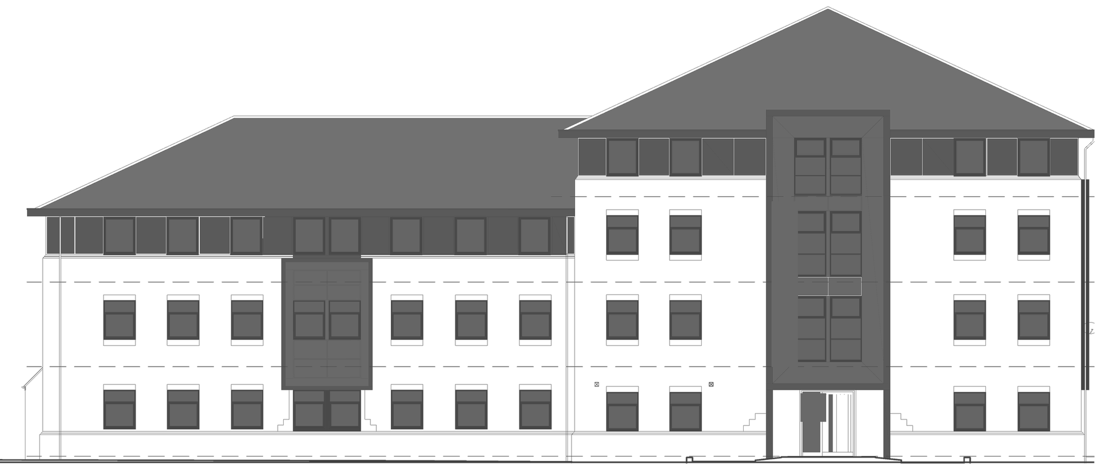 Rickett Architects proposed elevation of the South Block to Wagon Lane, Sheldon Court, Birmingham: a long three-storey brick frontage under a retained hipped roof, with a band of ribbon glazing to the top floor, regular windows below and a tall projecting entrance feature bay rising through the elevation