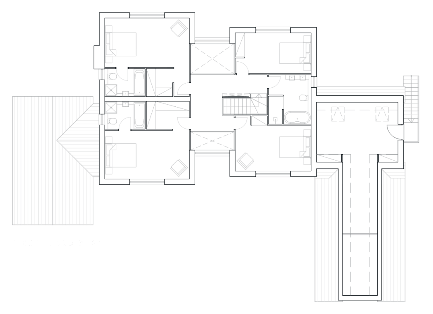 First floor plan of Hollow Meadow Farmhouse: bedrooms with en-suites and dressing rooms, a family bathroom, and a workshop and store over the single-storey wing
