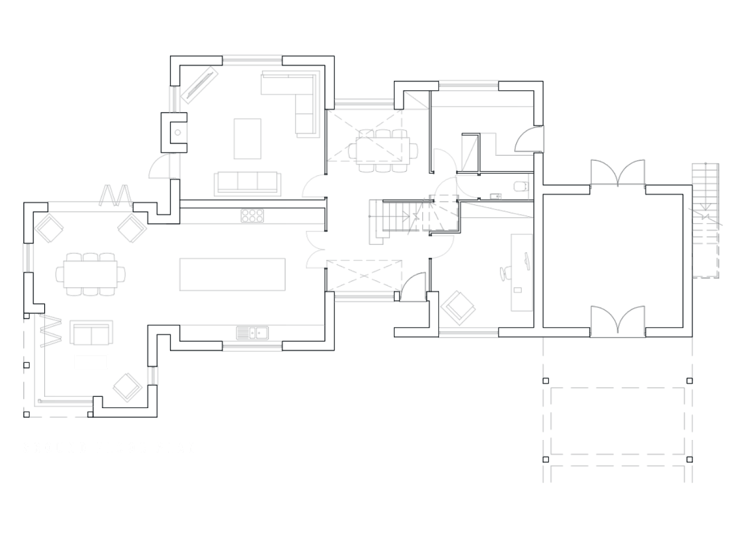 Ground floor plan of Hollow Meadow Farmhouse: an open kitchen and dining hub at the centre opening to the garden, with a living room, dining room, family room, study and boot room along linked wings, an attached garage, and the open oak car port drawn in dashed outline beyond