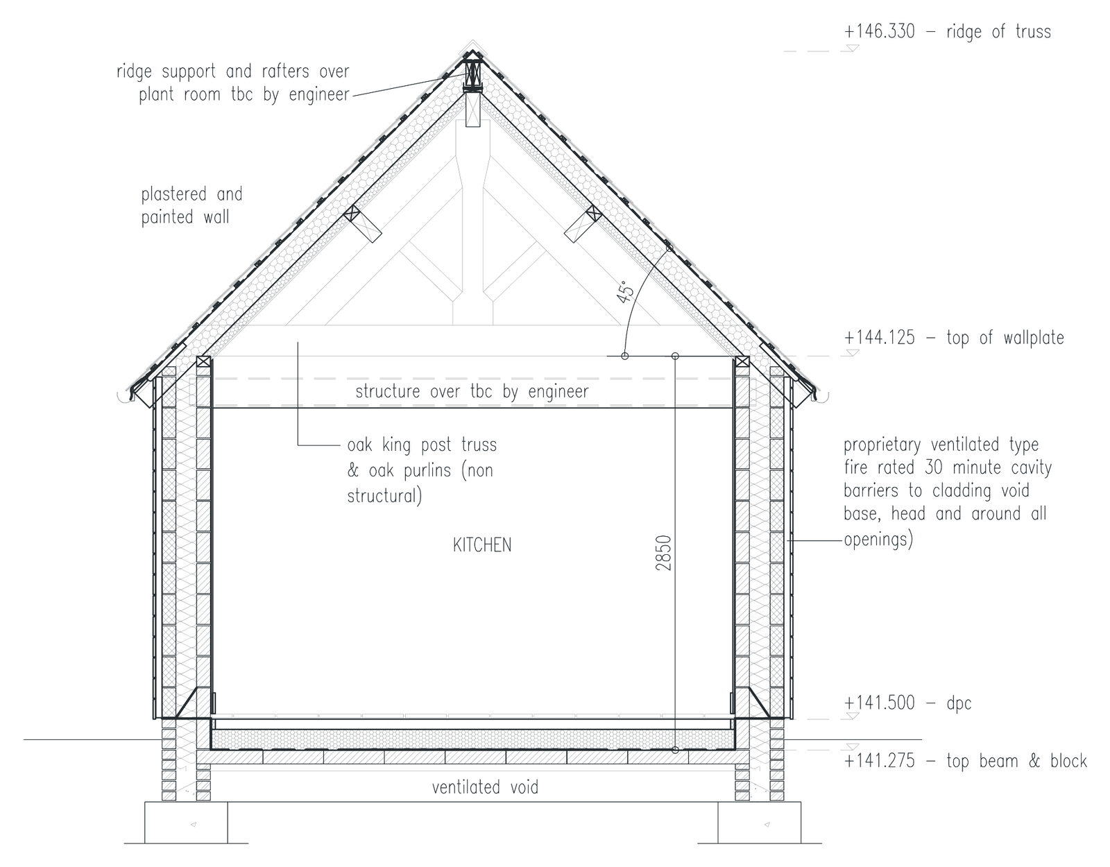 Technical section through Hollow Meadow Farmhouse showing a non-structural oak king-post truss with pegged joints and oak purlins over the vaulted kitchen, the coursed stone walls with their cavity build-up, and the floor construction over a ventilated void down to the foundations, with levels and specification notes