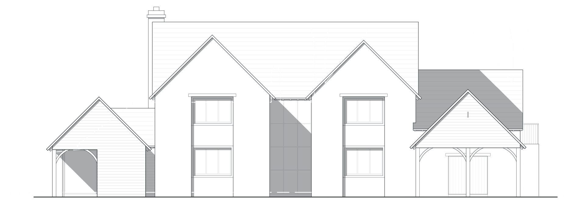 Proposed front elevation of Hollow Meadow Farmhouse: two coursed-stone gables set down from the main ridge, a recessed central full-height glazed link shown as a shaded panel, windows with stone lintels under a chimney, a single-storey timber-clad wing to the left and an open-bay oak car port to the right