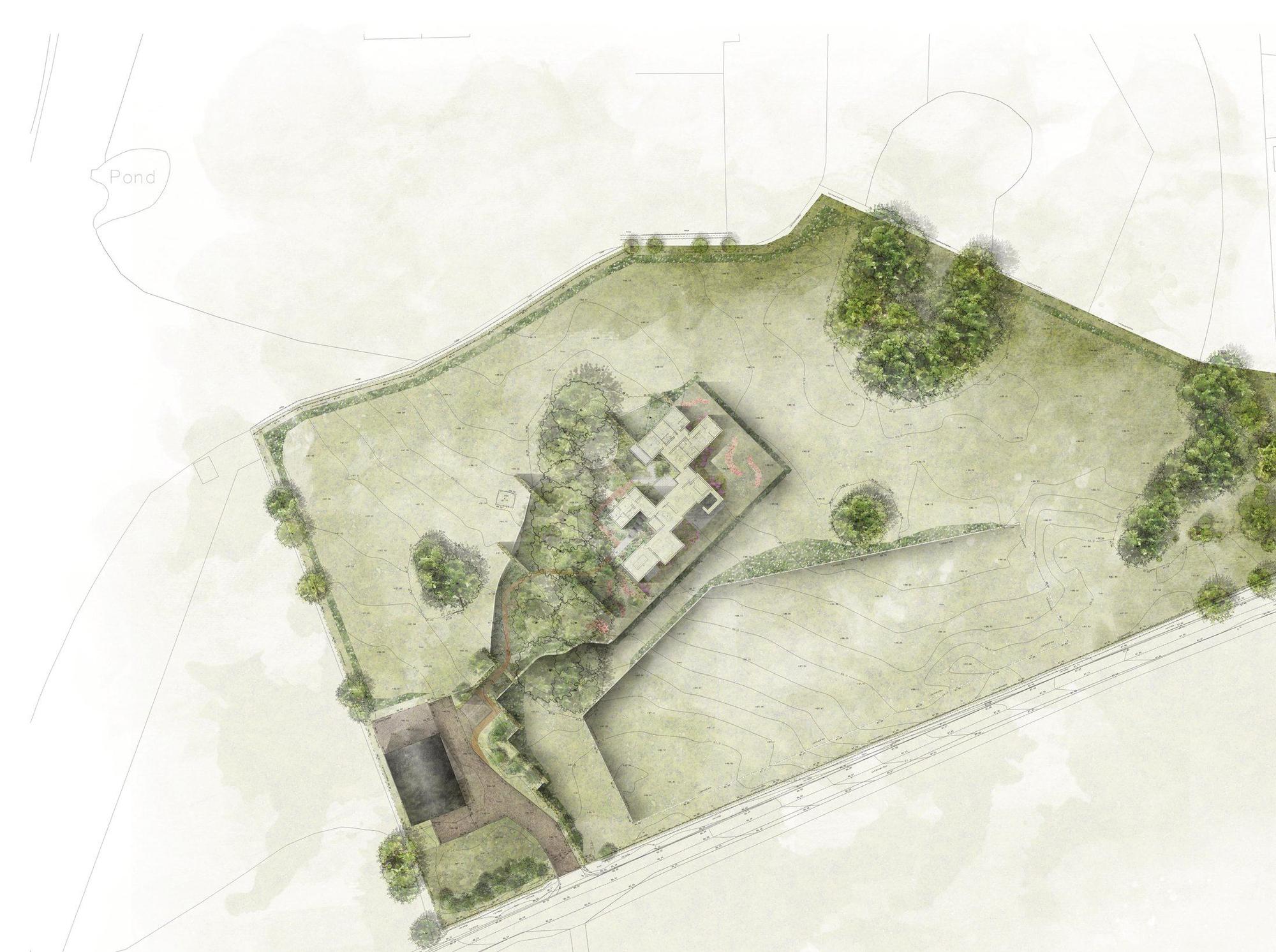 Coloured site plan for Highlands Farm, Offchurch: the proposed single-storey house set among the existing trees in the centre of the paddock, with the wildflower meadow, the retained access from Long Itchington Road and the existing survey building in the south-west corner