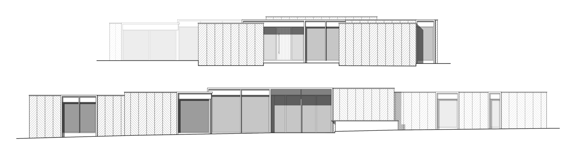 Proposed front and side elevations of the Highlands Farm house, drawn at the same scale: a long, low single-storey composition of solid volumes clad in herringbone-patterned charred timber, broken by recessed full-height glazed bays, with a flat roof and a continuous ground line