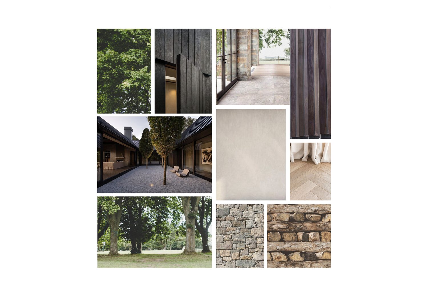 Material board for the Highlands Farm home: dark charred timber cladding shown in close-up and in context, natural stone and dry-stone walling, travertine and herringbone timber flooring, and soft plaster, set against photographs of the site's mature trees