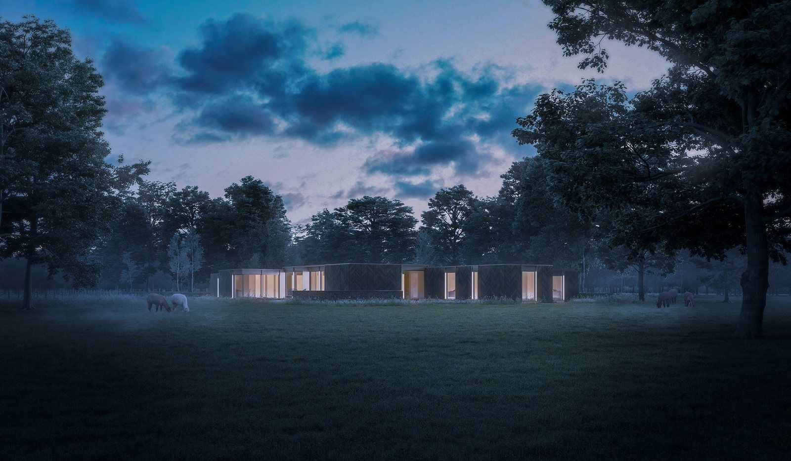 Pre-application visualisation of the Highlands Farm house at dusk: the low dark volumes glowing from within through full-height glazing beneath the treeline, with alpacas grazing in the misty paddock