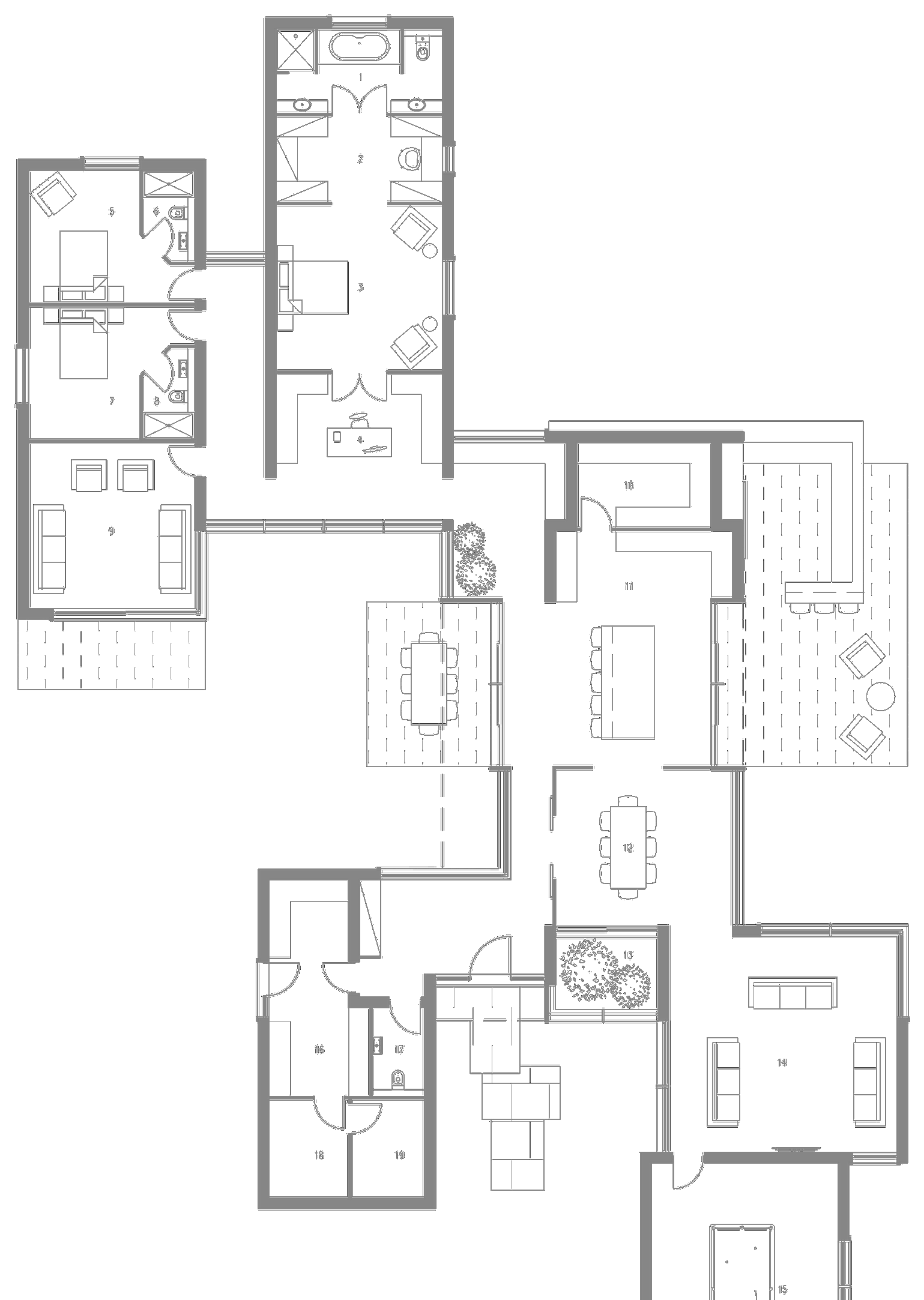 Proposed floor plan of the Highlands Farm house: three linked single-storey wings holding the bedrooms, the open living heart and the ancillary rooms, with green courtyards between them and the furniture drawn throughout