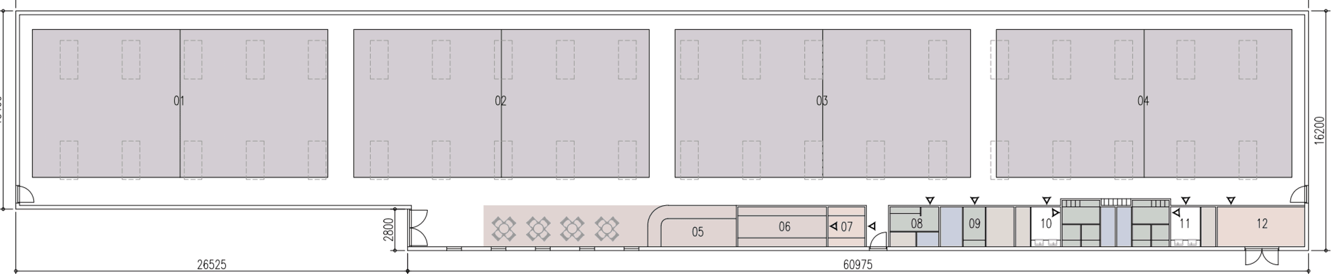 Proposed floor plan of the padel building: four numbered courts of equal size ranged left to right in one long clear-span space, each drawn with its glazed back walls and door positions, and a narrow strip below holding the servery, kitchen, kitchen store, unisex and family facilities, a wheelchair accessible WC, men's and women's changing and a storage room, with overall dimensions marked