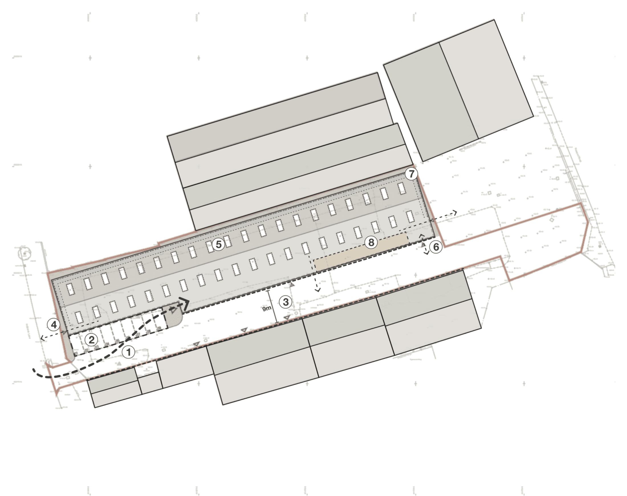 Design considerations diagram: the proposed padel building drawn in plan within the red site boundary, with eight numbered callouts placed around it marking the entrance, the parking run, the nine-metre separation to the building south of the site, the escape routes, the roof lights over the courts, the storage, the maintenance access at the rear and the changing facilities, with a dashed arrow showing vehicle access from the road