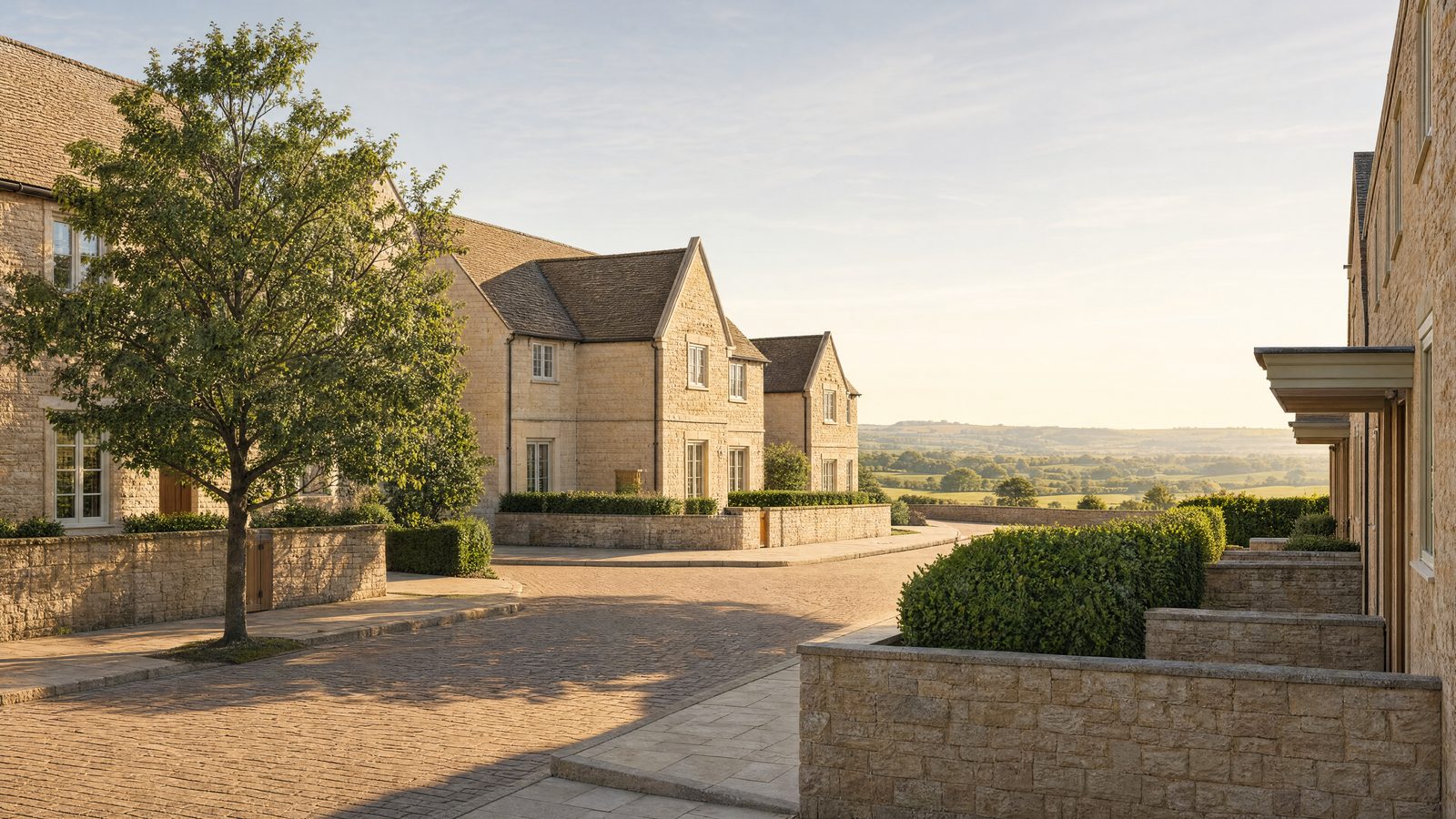 Visualisation of Jubilee Gardens, Chipping Campden: Cotswold stone houses with steep stone-slate roofs and dormers along a curving block-paved street, low stone garden walls in front and open Cotswolds countryside beyond