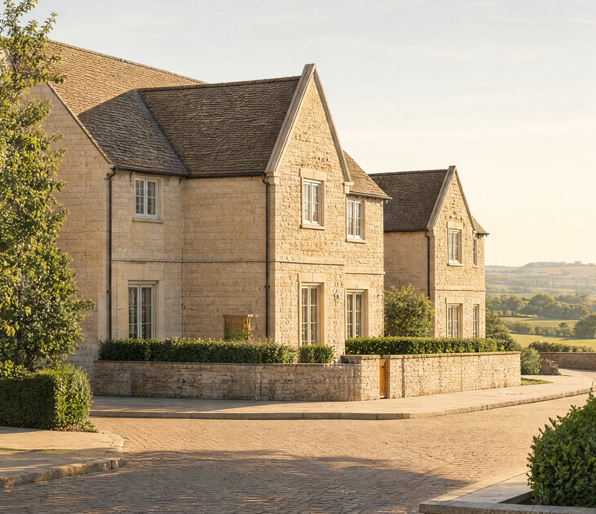 Visualisation of Jubilee Gardens, Chipping Campden: a pair of gabled Cotswold stone houses behind low stone garden walls and clipped hedges, with open countryside beyond