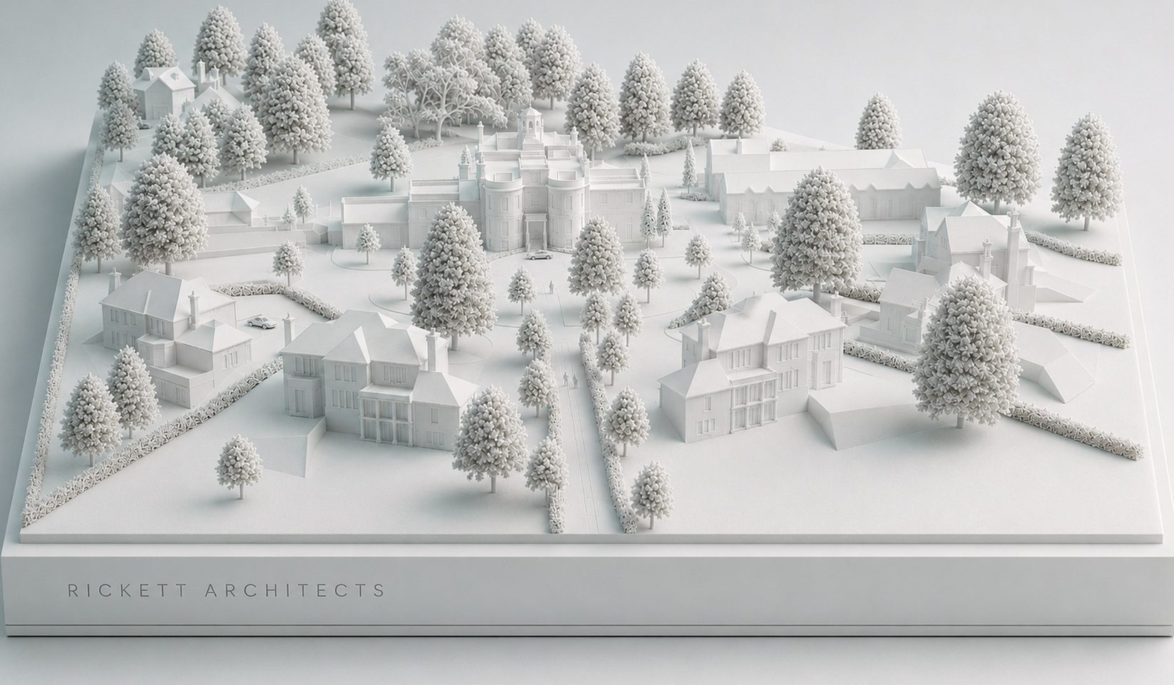 The Ide Hill development modelled in white massing form, viewed from above: the detached classical houses and the existing house set among mature trees on falling ground, on a Rickett Architects base