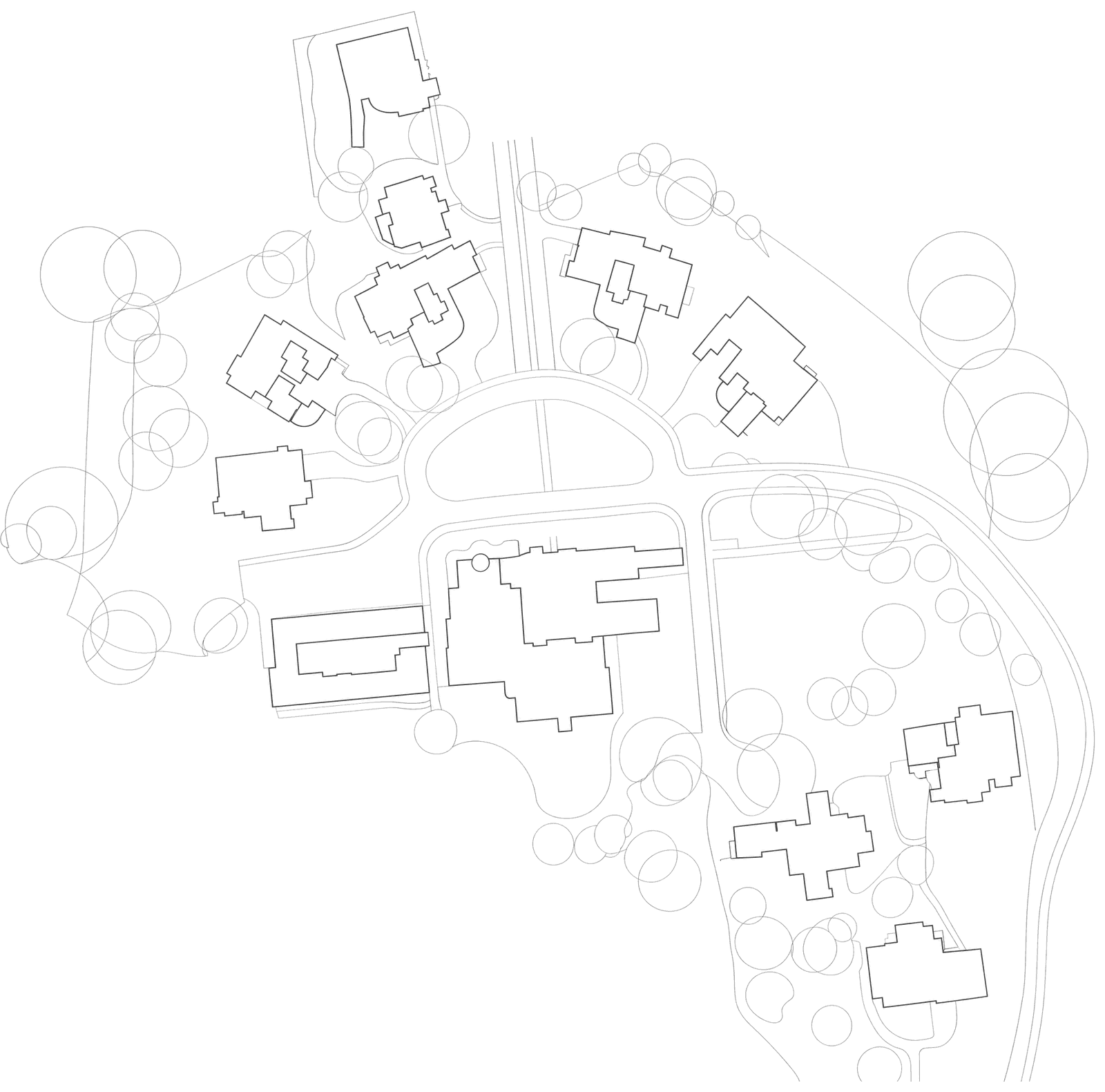 Site layout for the whole Ide Hill development: the detached houses arranged around the central drive and the existing house, set in wooded grounds with tree canopies drawn as light circles