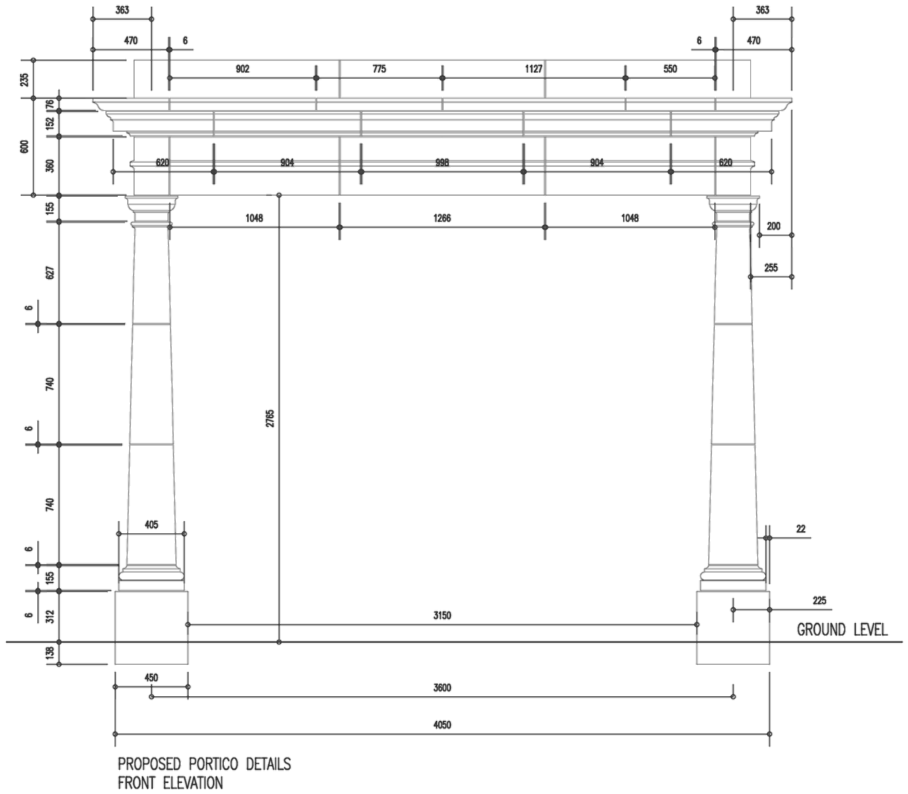 Rickett Architects construction detail for an entrance portico at Ide Hill: front elevation of the cast-stone columns, capitals and moulded entablature, with setting-out dimensions to construction standard