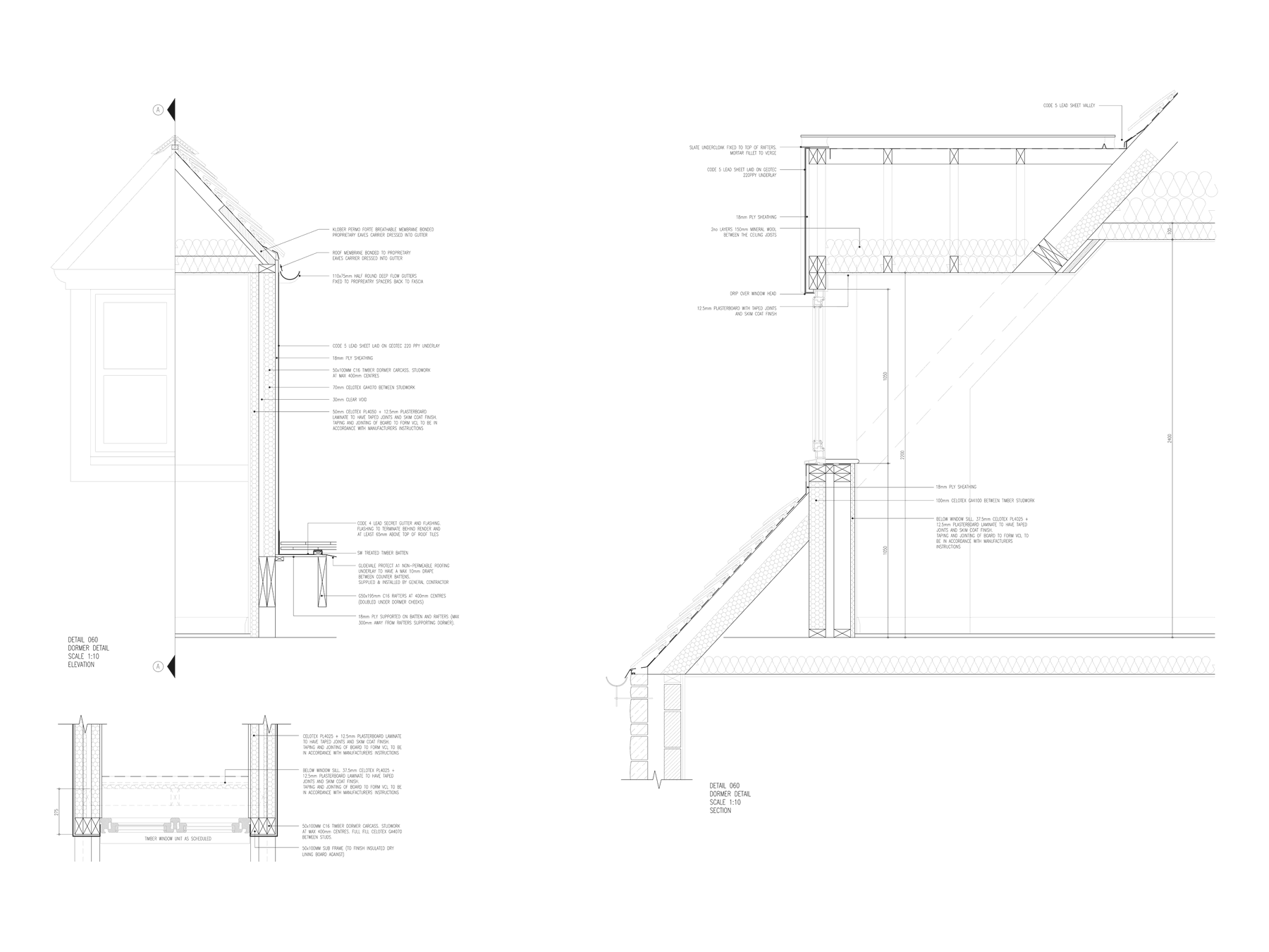 Rickett Architects construction section through a roofspace dormer at Jubilee Gardens, Chipping Campden, showing the stone-slate roof build-up, recessed window and eaves detail, with dimension and specification notes on leader lines