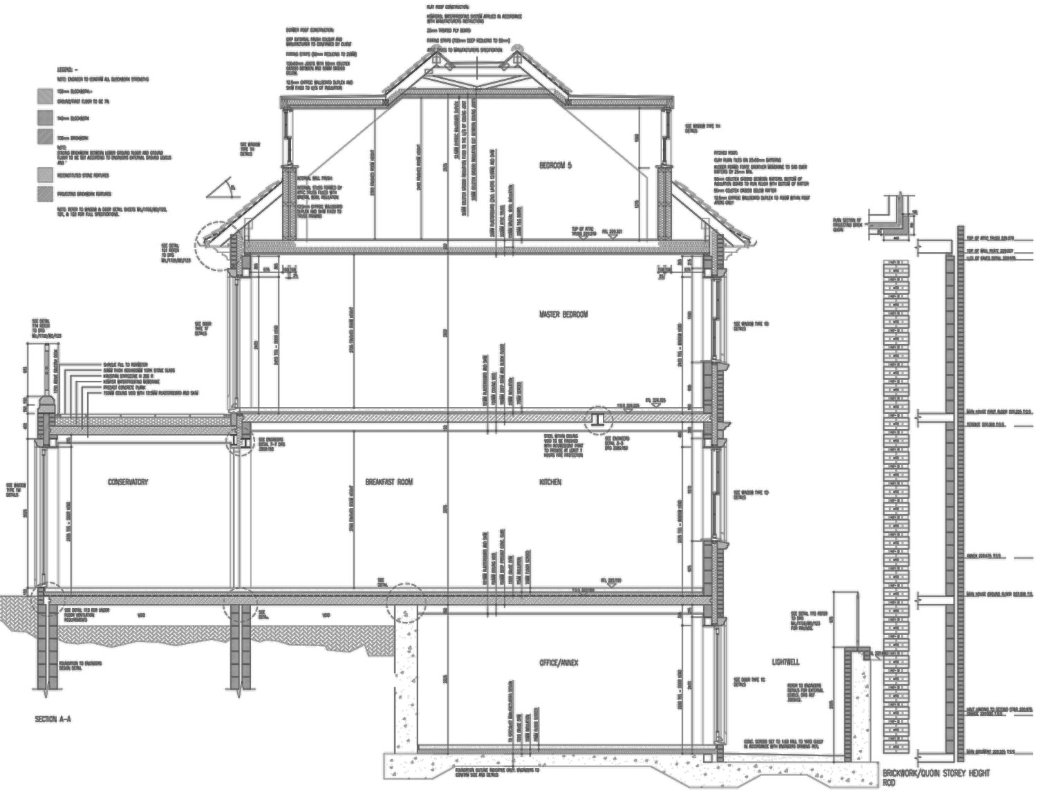 Rickett Architects Section A-A through Plot One at Ide Hill: a cut through all four levels, with rooms in the roof, a master bedroom, the ground floor with conservatory, breakfast room and kitchen, and a full lower-ground floor set into the ground with a lightwell beside it, annotated with construction build-ups and floor levels